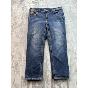 Seven7 Womens Plus Sz 16 Blue Jeans Straight Crop Embroidered Cowgirl Whiskered